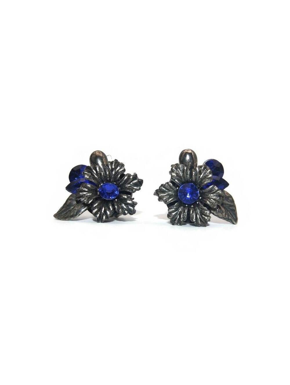 Vintage Gray Plastic and Blue Rhinestones Flower Clip on Earrings.